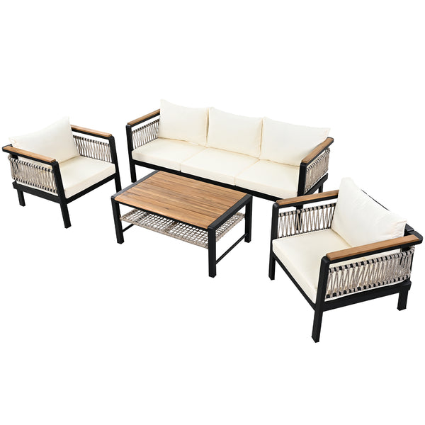 English Elm 4 Pieces Outdoor Sectional Sofa Set with Water-Resistant Cushions, Woven Rope Detail & Acacia Table Beige N719Z000130A