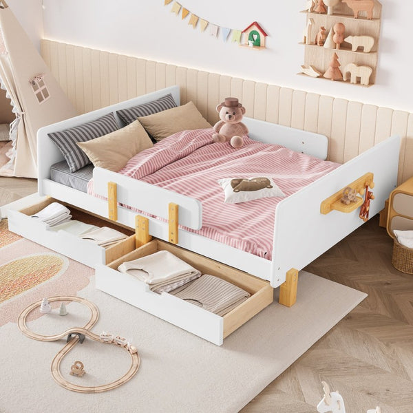 English Elm Twin Low Profile Kids Floor Bed Pine Wood Frame with Safety Rail and Built in Bookshelf Light White W1580P373244