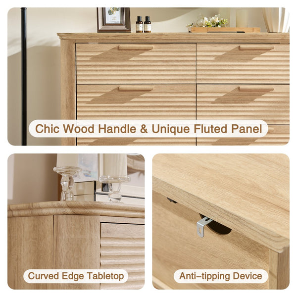 English Elm Fluted Wave Panel 7 Drawer Mdf Dresser Modern Bedroom Storage with Tv Stand Top Oak T5326P425100