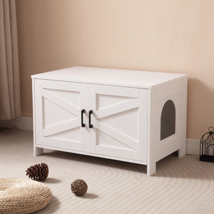 English Elm Cat Litter Box Enclosure with Barn Door Hidden Litter Box Furniture End Table Dual Cabinet Storage White W3008P235397