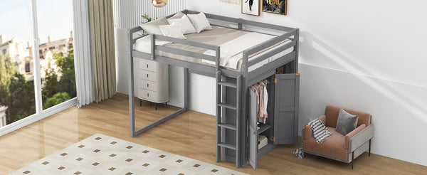 English Elm Wood Full Size Loft Bed with Built-in Wardrobe, 4-Tier Storage Shelves, LED Light, Pine MDF Durable Gray GX000463AAE