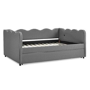 English Elm Full Size Gingham Linen Daybed with Wave Backrest Trundle and Usb Charging Port Black W1413S00141