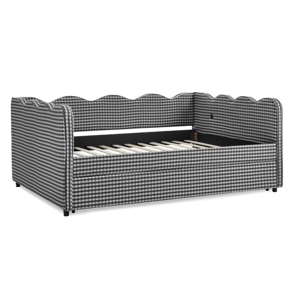English Elm Full Size Gingham Linen Daybed with Wave Backrest Trundle and Usb Charging Port Black W1413S00141
