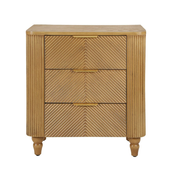 English Elm Mid-century Fluted 3 Drawer Nightstand with Gourd Legs and Gold Tone Handles for Bedroom Natural N761P285712N