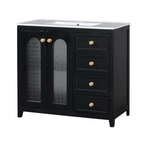 English Elm 36-inch ceramic basin vanity with patterned glass doors, gold round handles & ample storage drawers Black N729P184710B