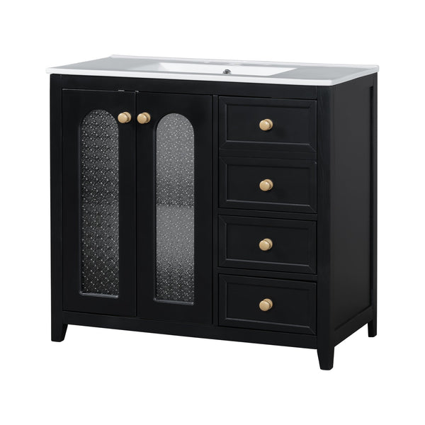 English Elm 36-inch ceramic basin vanity with patterned glass doors, gold round handles & ample storage drawers Black N729P184710B