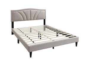 English Elm Modern Burlap Upholstered Full Platform Bed Curved Headboard with Nailhead Trim Detail B011P418593