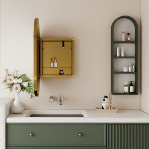 English Elm 20x34 Oval Recessed Gold Medicine Cabinet with Mirror, Metal Frame, Adjustable Shelves, Lux Bath Appeal W1435P210490