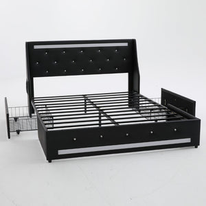 English Elm Queen Platform Bed Wingback Diamond Quilted Headboard Led Lighting Storage Drawers Black W5722P462684
