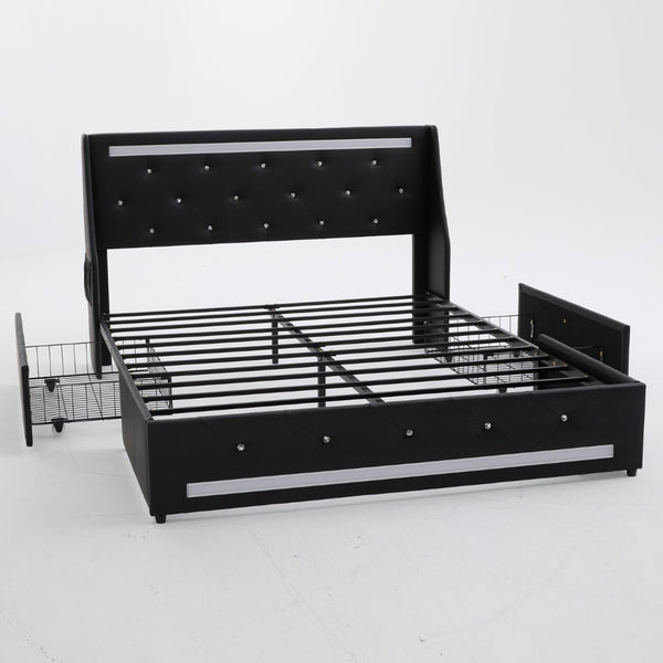 English Elm Queen Platform Bed Wingback Diamond Quilted Headboard Led Lighting Storage Drawers Black W5722P462684