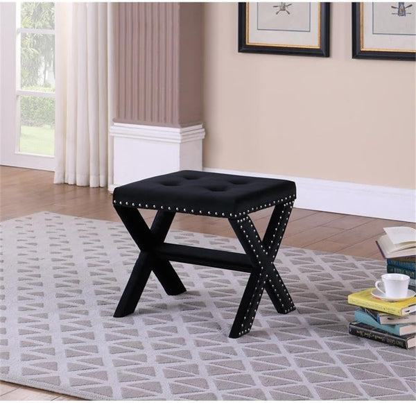 English Elm Velvet Small Tufted Accent Bench with Nailhead Trim and X-Leg Frame, Plush Foam Seat for Entryway Black 20 L x 19 W x 7 H B011P357421
