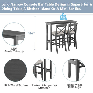 English Elm TOPMAX Farmhouse 48" Rectangular Wood Bar Height Dining Set with 2 Cushioned Stools, Space-Saving Design Gray+Beige N717P334716E