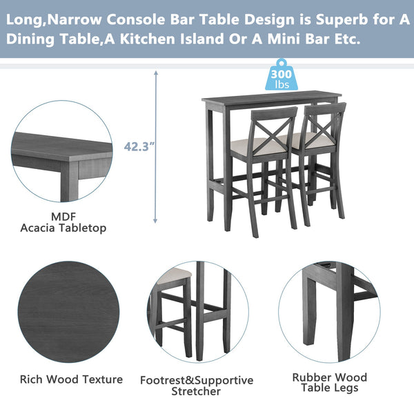 English Elm TOPMAX Farmhouse 48" Rectangular Wood Bar Height Dining Set with 2 Cushioned Stools, Space-Saving Design Gray+Beige N717P334716E
