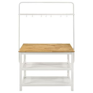 English Elm Cowichan Farmhouse Kitchen Island with Butcher Block Top Open Shelves and Pot Rack B062S01487