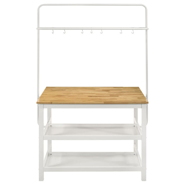 English Elm Cowichan Farmhouse Kitchen Island with Butcher Block Top Open Shelves and Pot Rack B062S01487