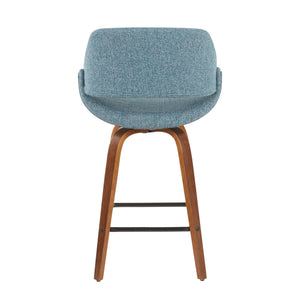 English Elm Fabrico Mid-Century Counter Stool Set of 2 — Walnut Swivel Legs, Padded Contoured Seat & Square Footrest Blue B202S00244