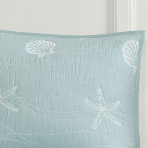 JLA Home Harbor House Blue - 4 Cotton Reversible Embroidered Quilt Set with Coastal Starfish & Seashell Motifs, OEKO-TEX Certified Aqua HH13-1547