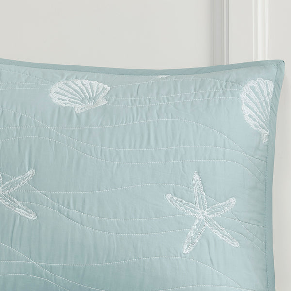 JLA Home Harbor House Blue - 4 Cotton Reversible Embroidered Quilt Set with Coastal Starfish & Seashell Motifs, OEKO-TEX Certified Aqua HH13-1547