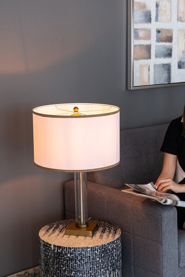 English Elm 16x16x24" Gold and White Table Lamp with Glass Cylinder, Pedestal Base & White Drum Shade — Elegant Bedside Accent ламп W2078P399251