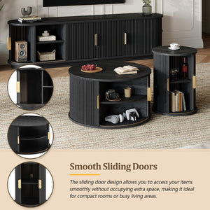 English Elm [Assembly Wooden TV Stand & Coffee Table Set with Fluted Sliding Doors, Golden Handles, Cable Management, Farmhouse Appeal Black N721S000053B