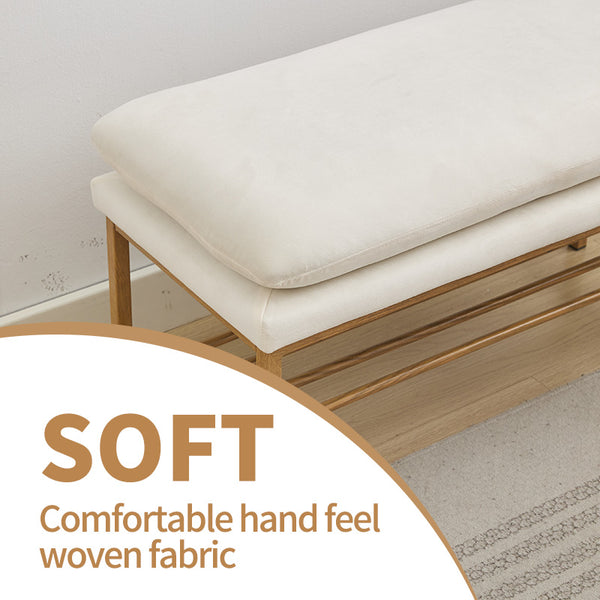 English Elm End of Bed Bench with Shelf - Linen Upholstered Storage Shoe Ottoman, Modern Metal Legs, 300 LB Capacity Beige W2725P207296