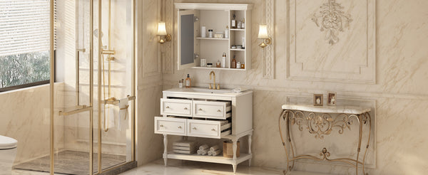 English Elm 36'' Modern Bathroom Vanity with Ceramic Sink and Medicine Cabinet, Solid Wood Frame, 4 Drawers, Waterproof Finish Beige SW000138AAY-1