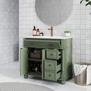 English Elm 35.6" Freestanding Bathroom Vanity with Roman Column Base and Ceramic Integrated Sink W1801S00008