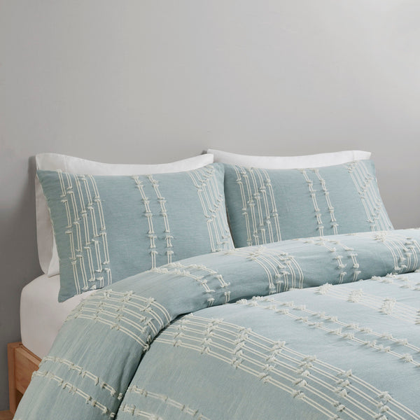 English Elm King/Cal Kara Cotton Jacquard Duvet Cover Set - Eco OEKO-TEX, Aqua Diamond Reverse, Button Closure, 3pc B03596483