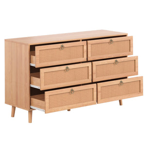 English Elm Rattan 6-Drawer Double Dresser with Handwoven PE Rattan Fronts, Wood Top, Copper Pulls, Spacious Storage Natural T3623P411337