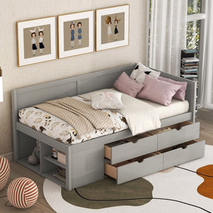 English Elm Twin Daybed with Two Pull Out Drawers and Open Shelves for Small Bedroom Storage Gray LP102022AAE