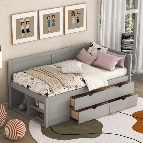 English Elm Twin Daybed with Two Pull Out Drawers and Open Shelves for Small Bedroom Storage Gray LP102022AAE