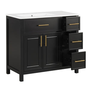 English Elm 36" Matte Freestanding Bathroom Vanity Solid Wood Cabinet Ceramic Sink Three Drawers Black N725P364205B