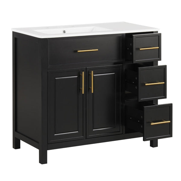 English Elm 36" Matte Freestanding Bathroom Vanity Solid Wood Cabinet Ceramic Sink Three Drawers Black N725P364205B