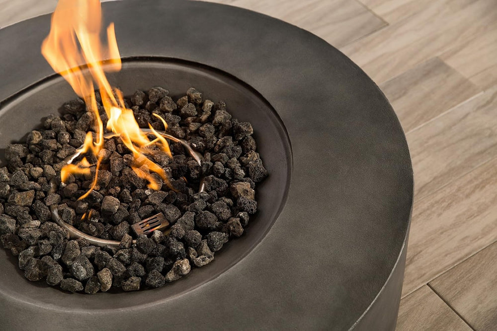 English Elm 12" Round Fibre Concrete Outdoor Fire Pit Table with Push Button Ignition Lava Rock B120P203736