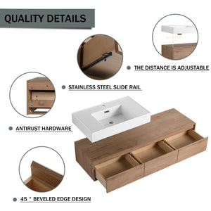 English Elm 60-Inch Wall-Mounted Bathroom Vanity With Stylish Resin Sink, Soft-Close Drawers & Modern Design W999S00355