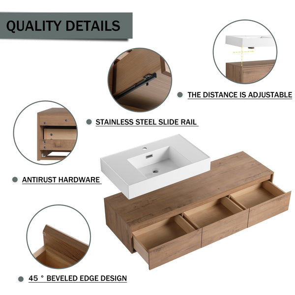 English Elm 60-Inch Wall-Mounted Bathroom Vanity With Stylish Resin Sink, Soft-Close Drawers & Modern Design W999S00355