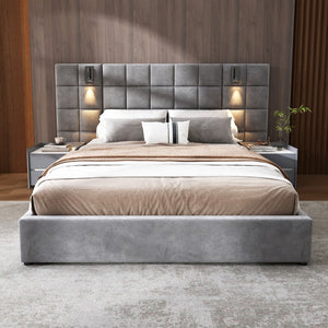 Christopher Knight Home® - Noble House - - Upholstered Queen Bed,With Reading Lamp And Usb Port, Wide Headboard,Without Bedside Tables And Mattress, Velvet, Grey