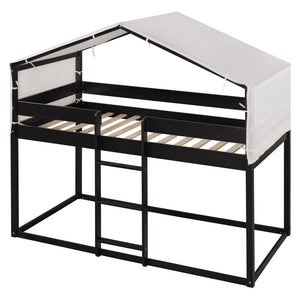 English Elm Twin Over Kids Bunk Bed with Tent Canopy Farmhouse Pinewood Playroom Frame Espresso N708P248523P