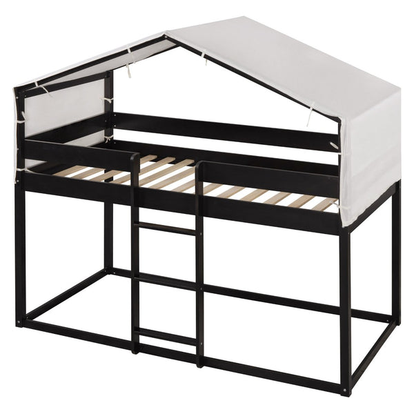English Elm Twin Over Kids Bunk Bed with Tent Canopy Farmhouse Pinewood Playroom Frame Espresso N708P248523P
