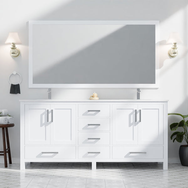 English Elm White 72-inch Double Bath Vanity with White Quartz Top, Solid Wood Frame, Soft-Close Drawers, Ample Storage, Scratch-Resistant Countertop, Pre-Drilled Faucet Hole B2731P258904