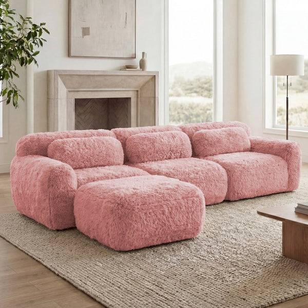 English Elm L-shaped Plush Modular Sectional Sofa with Ottoman and High Resilience Foam Seating Pink W714S01559