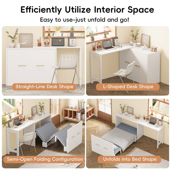English Elm Twin Murphy Cabinet Bed with Folding Desk Mdf Frame Guest Room White Finish N733S272603K