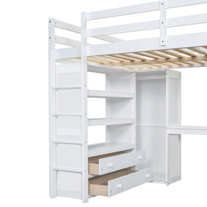 English Elm Wood Full Size Loft Bed with Built-In Desk, Wardrobe, Shelves & Drawers for Space-Saving Rooms White GX000466AAK