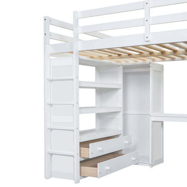 English Elm Wood Full Loft Bed with Integrated Wardrobe Desk Shelving and Drawers for Teen Rooms White GX000466AAK-1