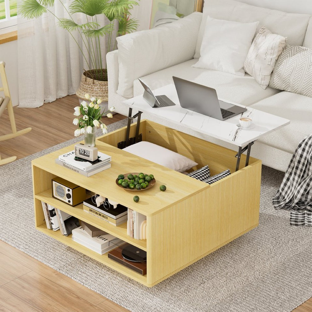 English Elm Lift Top Coffee Table Faux Marble Surface Hydraulic Storage Shelves Modern Home T3773P419176