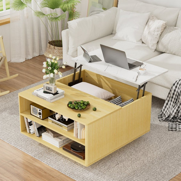 English Elm Lift Top Coffee Table Faux Marble Surface Hydraulic Storage Shelves Modern Home T3773P419176