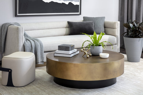 Sunpan Bernaby Coffee Table - Contemporary Round Design with Hand-Painted Metal Top and Unique Craftsmanship Antique Brass