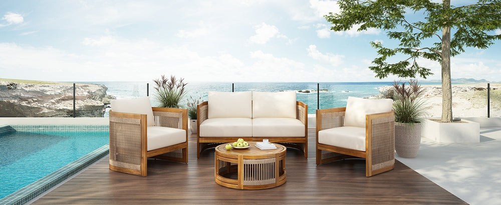 English Elm Christopher Knight Home® - 4-Piece Patio Seating Group Premium Acacia Wood Outdoor Set with Curved Tub Design & Woven Rope Accents, Water-Resistant Cushions and Slatted Table Finish Teak+ Beige N767P269282A