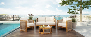 English Elm Christopher Knight Home® - 4-Piece Patio Seating Group Premium Acacia Wood Outdoor Set with Curved Tub Design & Woven Rope Accents, Water-Resistant Cushions and Slatted Table Finish Teak+ Beige N767P269282A