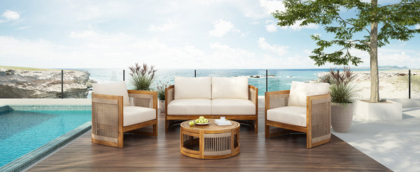 English Elm Christopher Knight Home® - 4-Piece Patio Seating Group Premium Acacia Wood Outdoor Set with Curved Tub Design & Woven Rope Accents, Water-Resistant Cushions and Slatted Table Finish Teak+ Beige N767P269282A